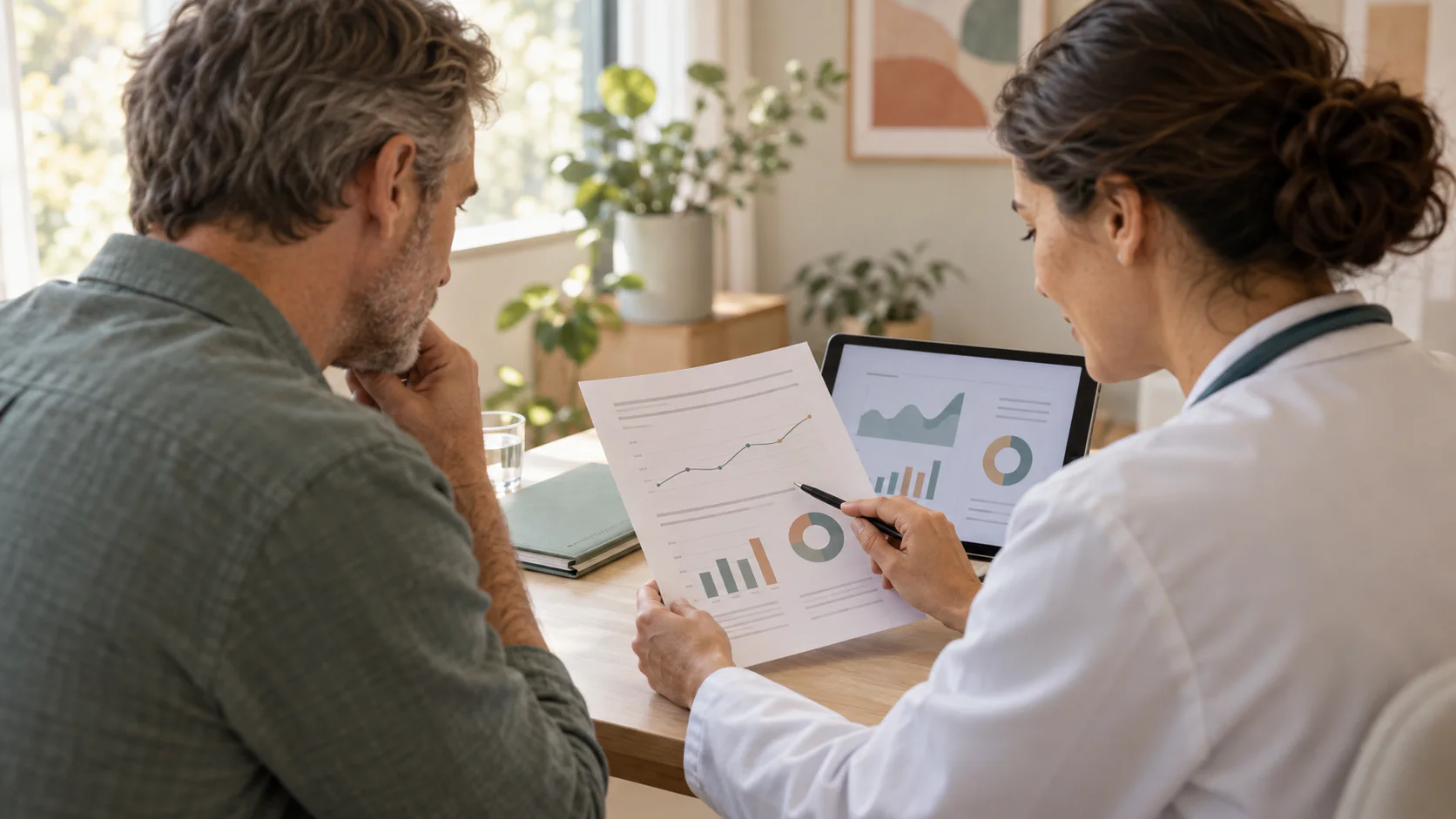 Doctor and patient reviewing kidney laboratory results together in a bright consultation room